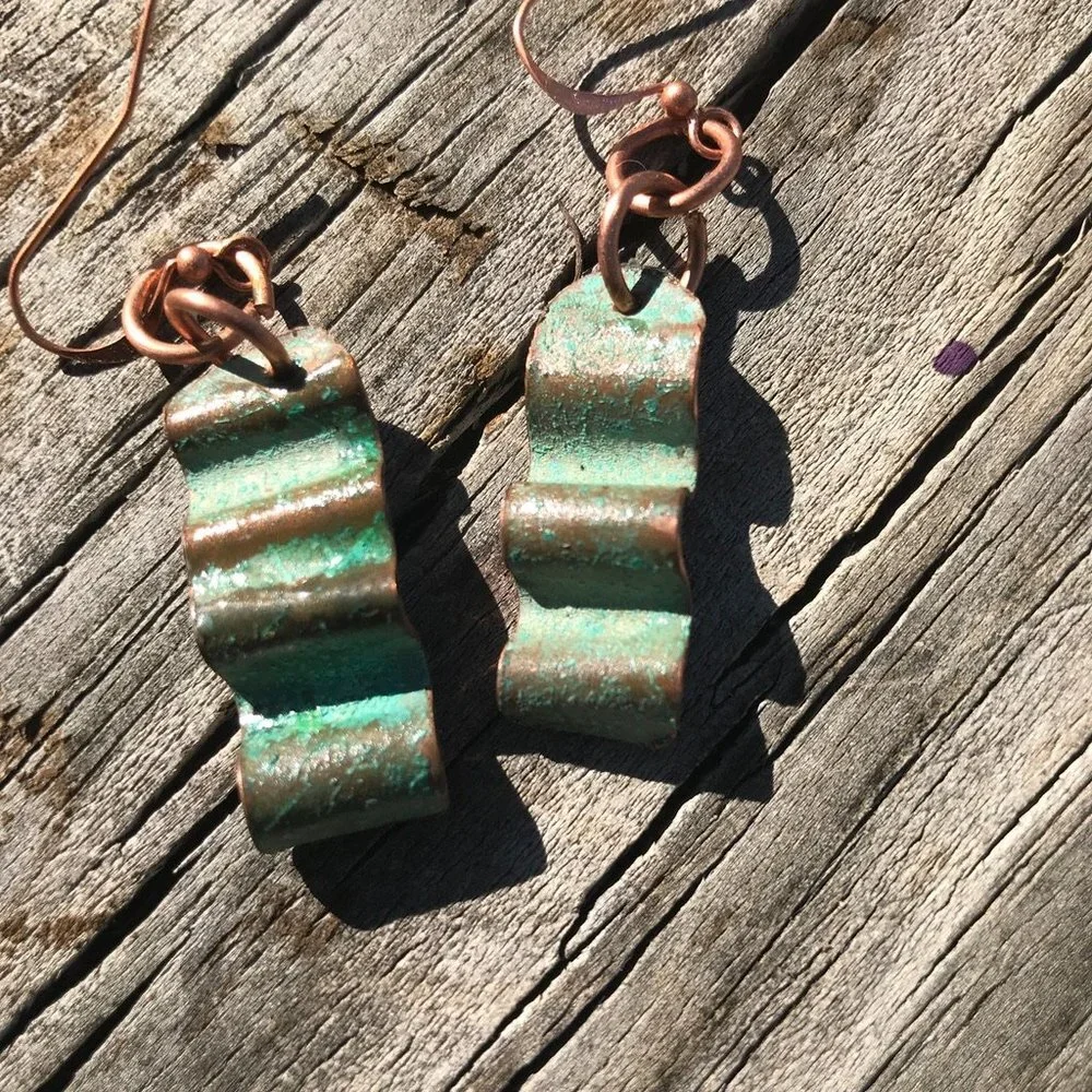 Solid Copper Patina Green Verdigris Earrings Drop Dangle Form Folded Brutalist